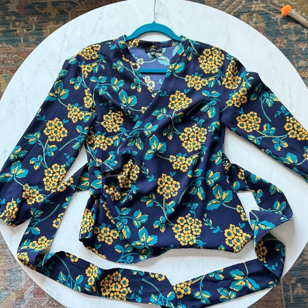 J crew wrap top navy with gold and teal florals size xs